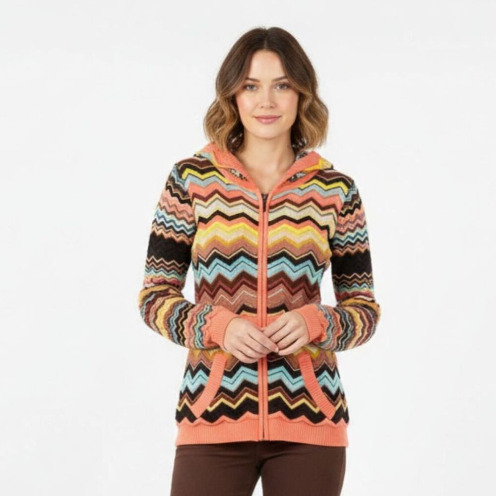 Missoni Cotton Rayon Knit Chevron Print Zip Up Hoody Cardigan Sweater S